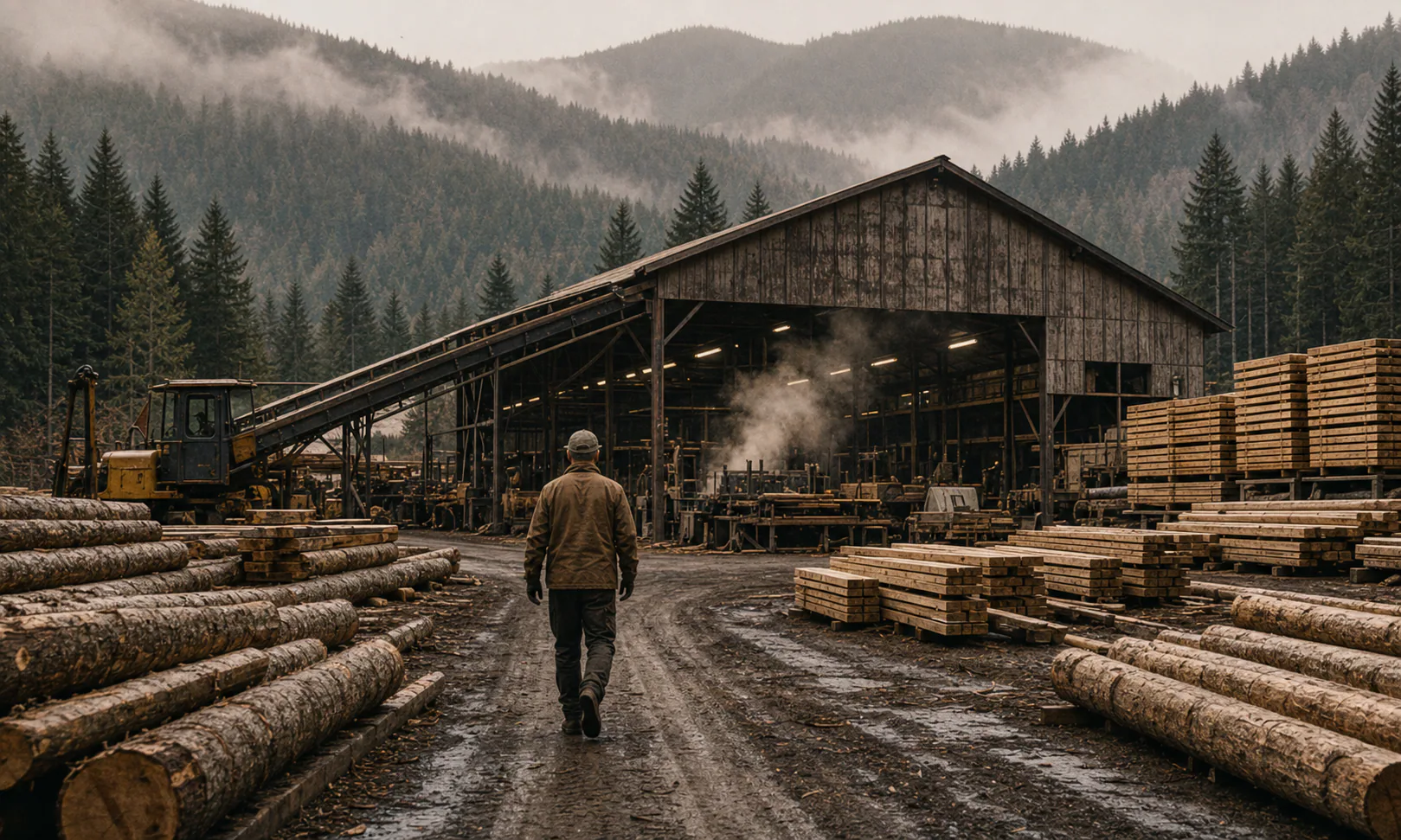 Worker walking through an active sawmill surrounded by logs and stacked timber