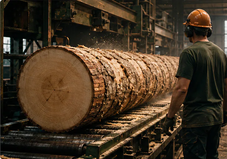 Mill operator guiding a large Douglas fir log through a timber processing line