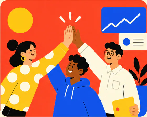Three teammates collaborating around a colorful Goodshape workspace