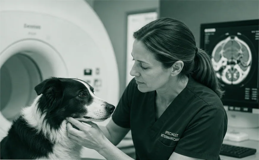 Specialist veterinarian examining a dog beside diagnostic imaging equipment