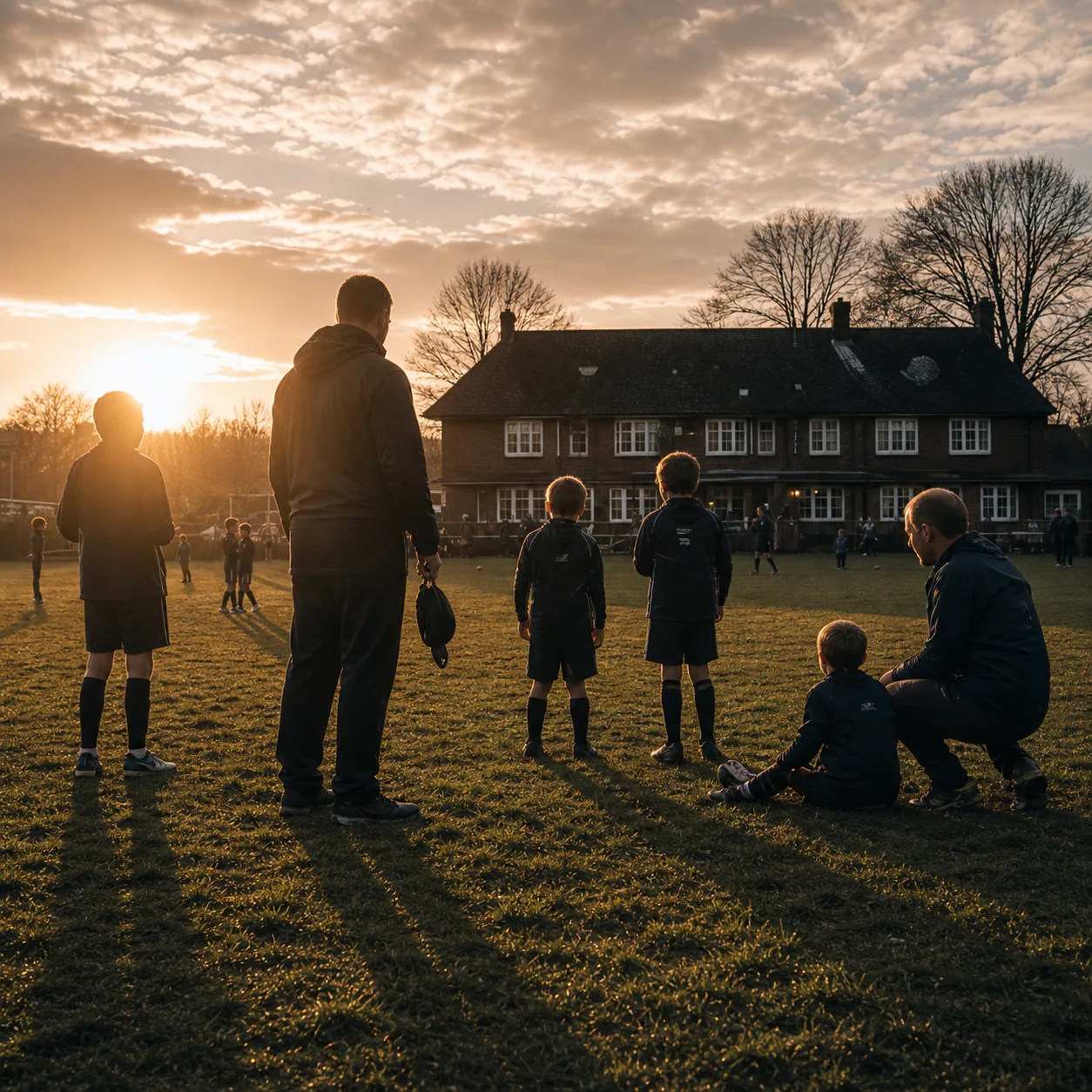Families gather around the Northbank field at sunset