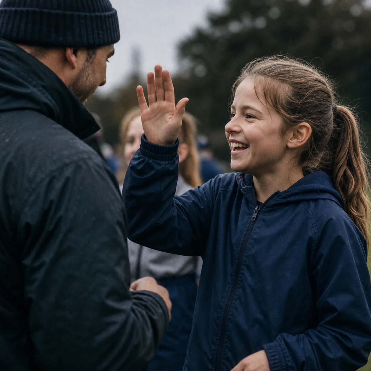 A young Northbank player high-fives her coach