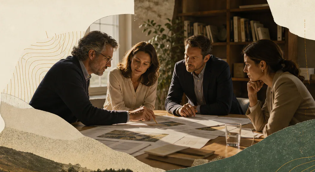 Advisory team reviewing a decision map around a table