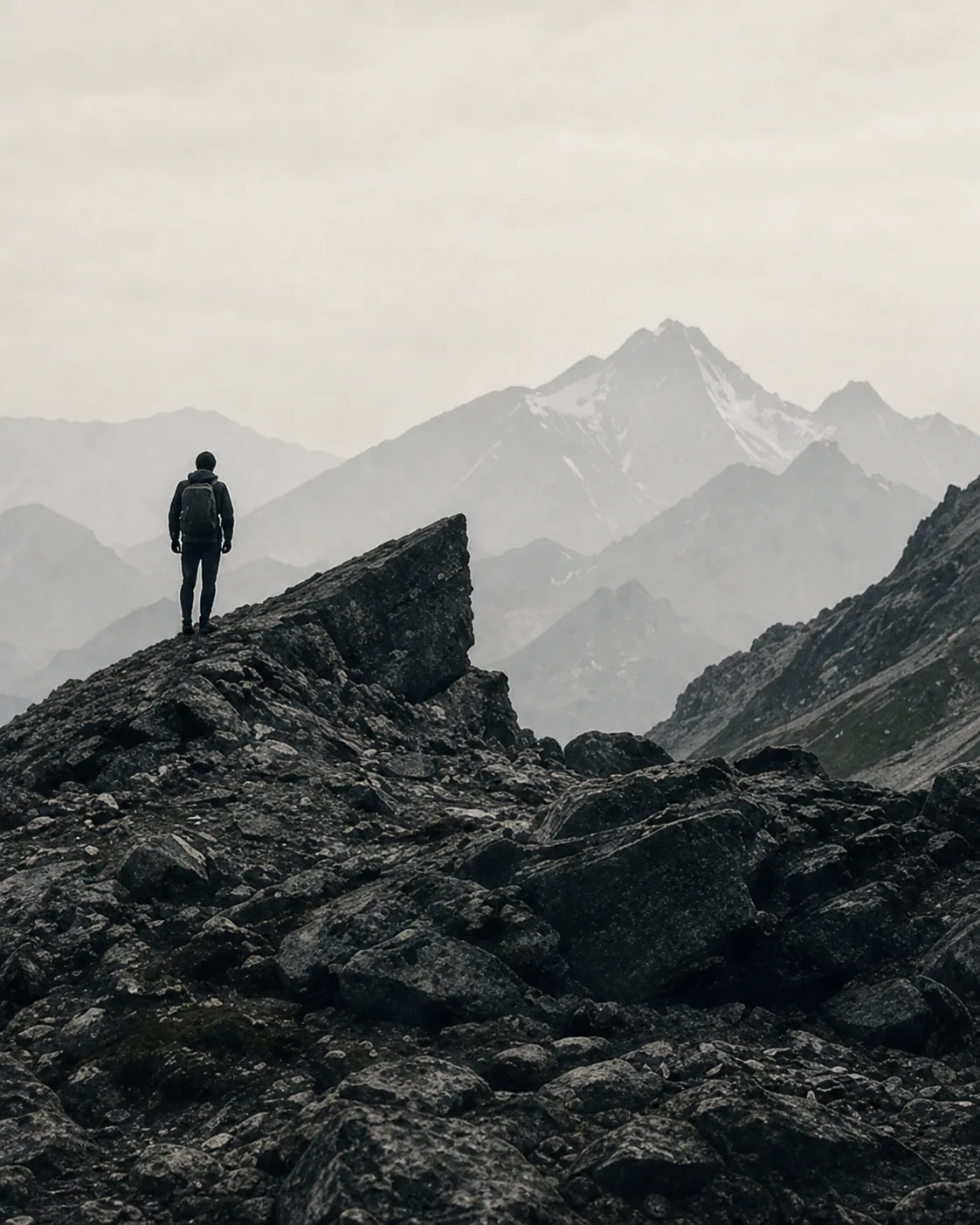 A lone walker surveying a high alpine ridge