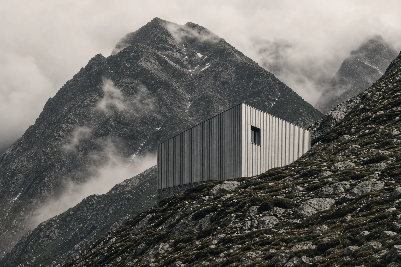 A precise metal shelter on a rocky alpine slope beneath a clouded peak