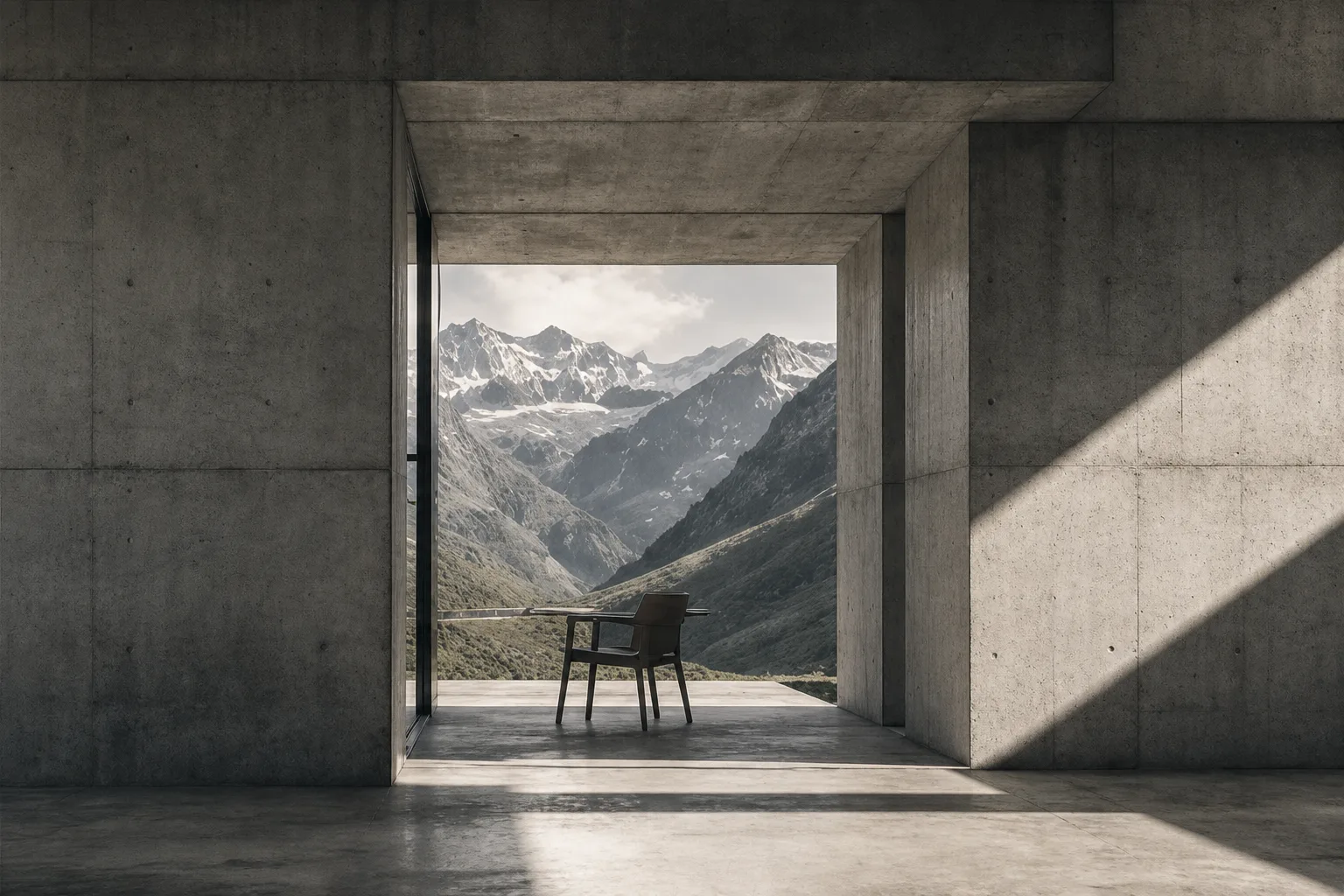 Concrete threshold opening onto a distant mountain valley