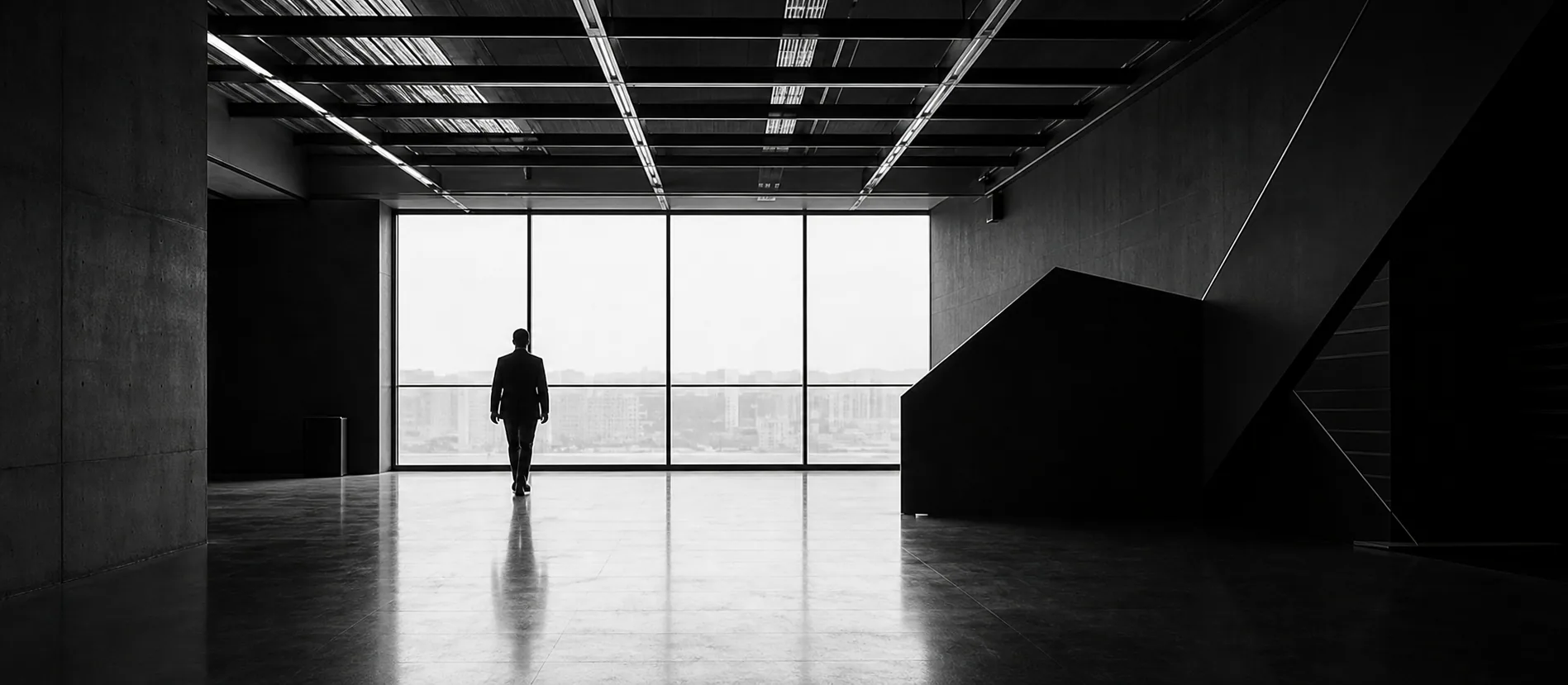 A person studying an architectural interior