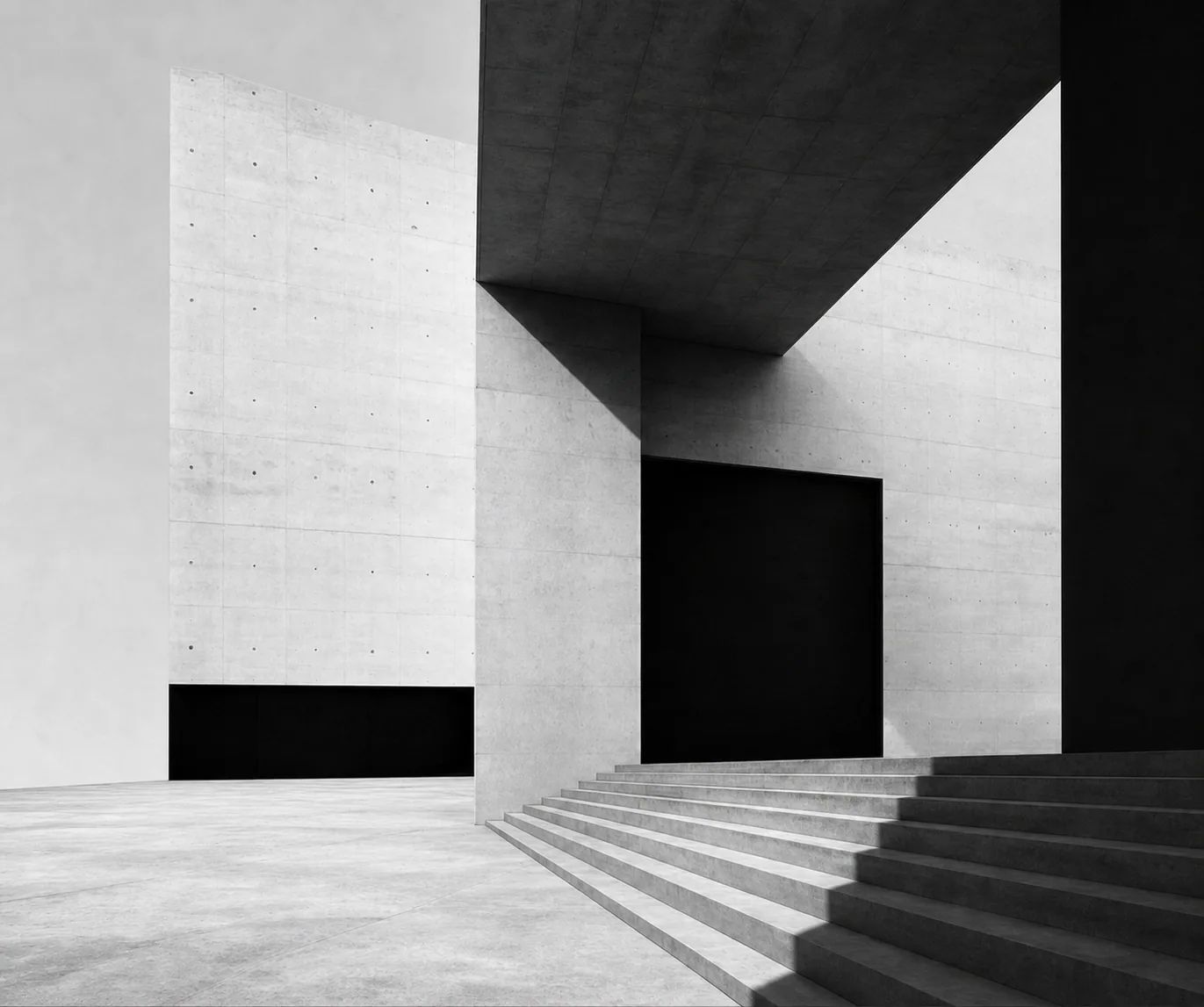 Monumental concrete courtyard with a deep geometric canopy and broad steps