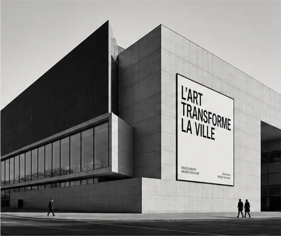 Monumental modernist civic building with a large exhibition banner