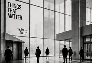 Visitors moving through the glass entrance of a cultural building