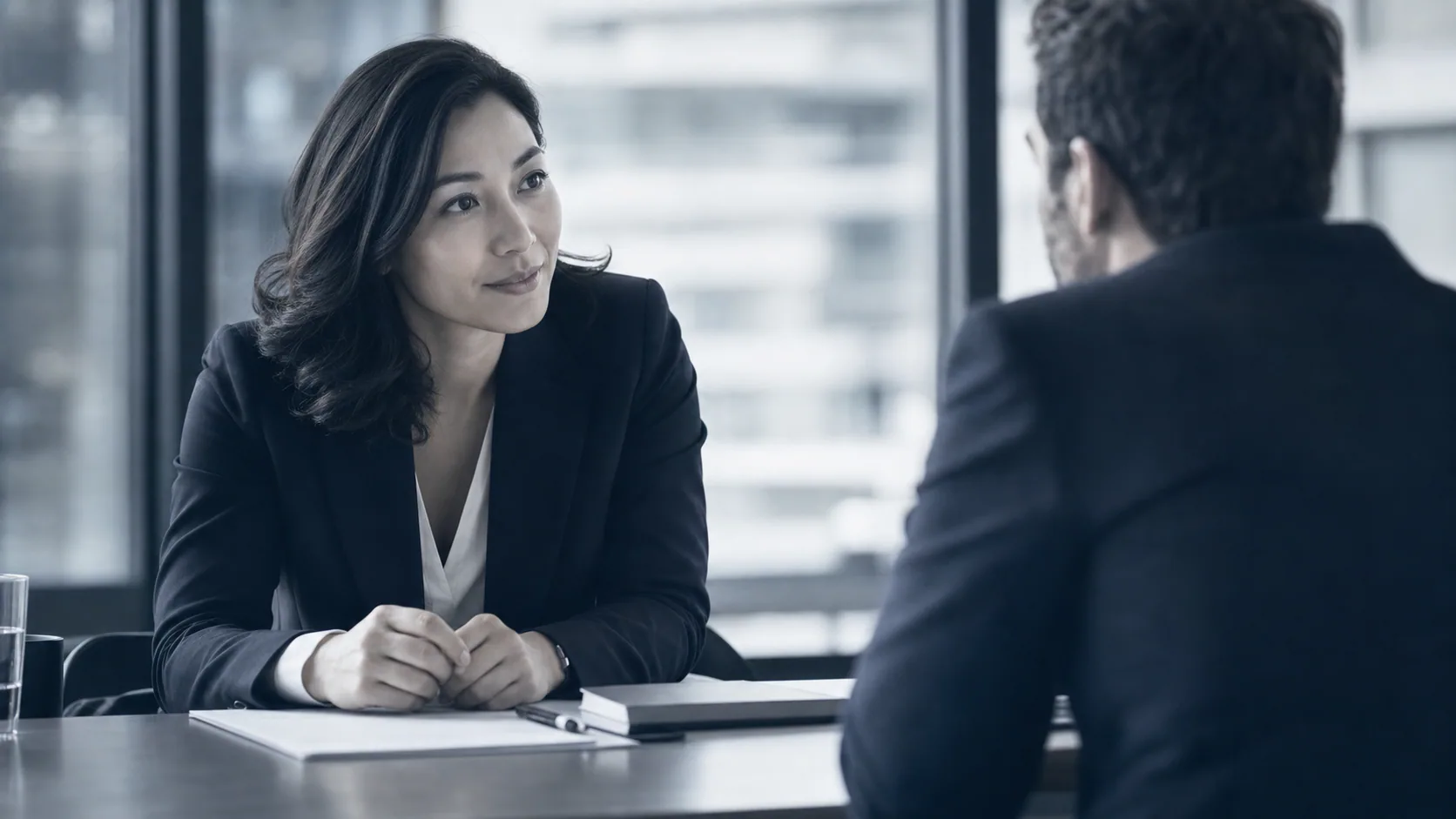 A candidate and search consultant in an interview