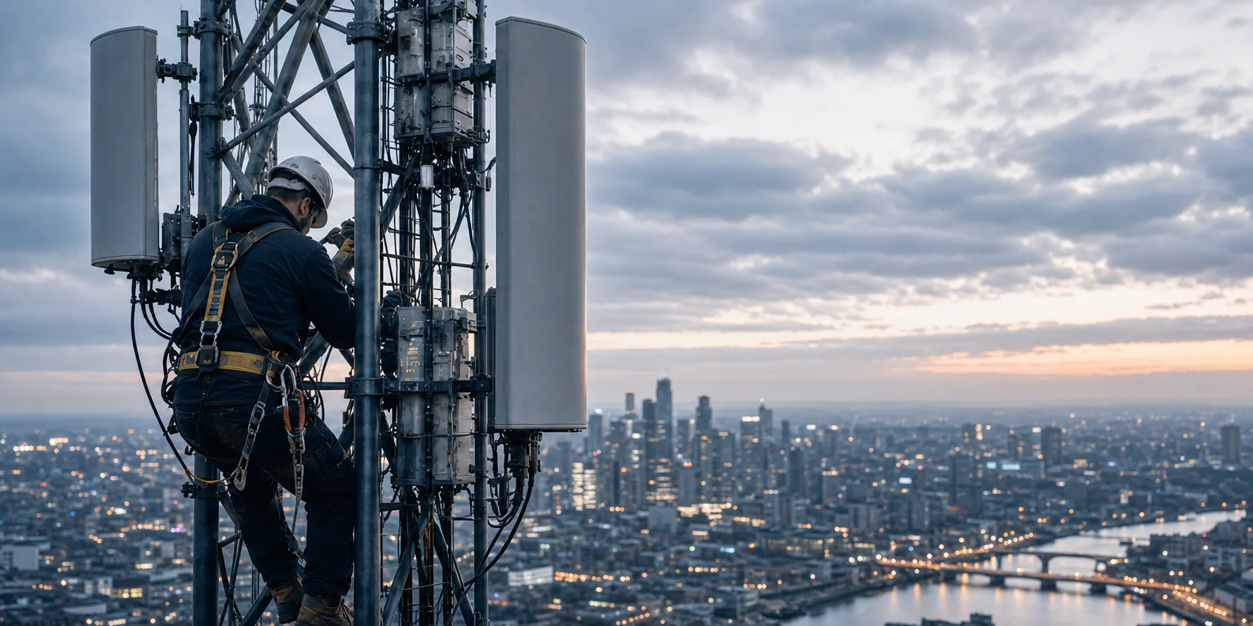 Telecom technician working on a cellular tower above a city
