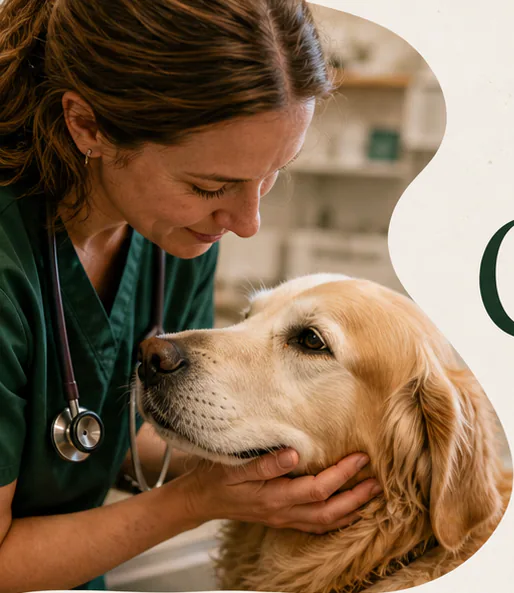 Veterinarian gently examining a golden retriever