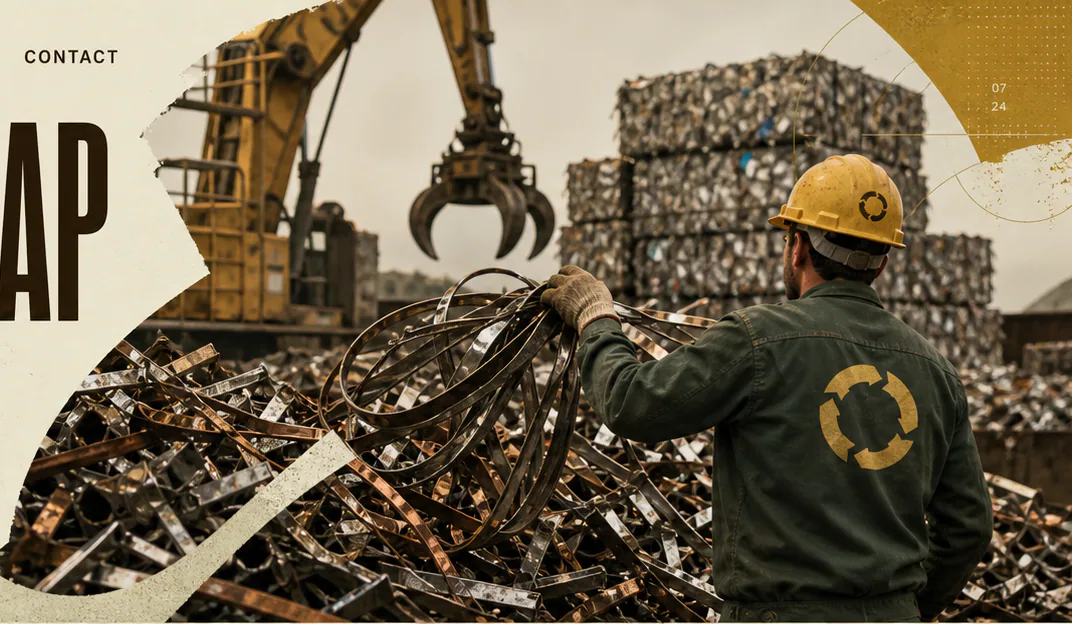 Worker sorting reclaimed metal in a scrap yard