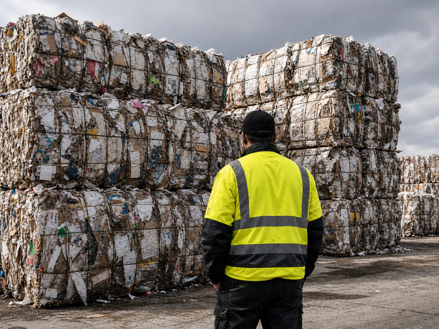 Worker standing beside compressed paper bales