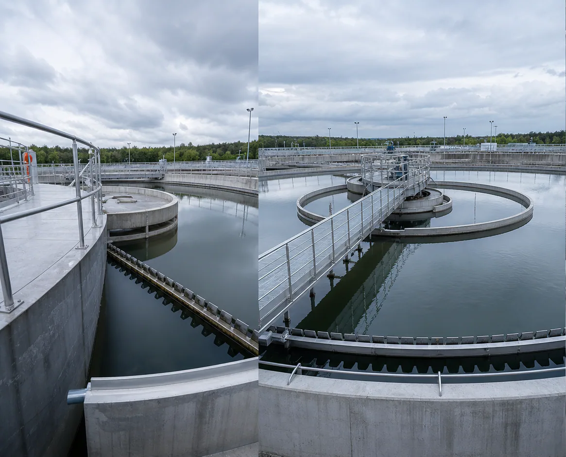 Circular water treatment basins under an overcast sky