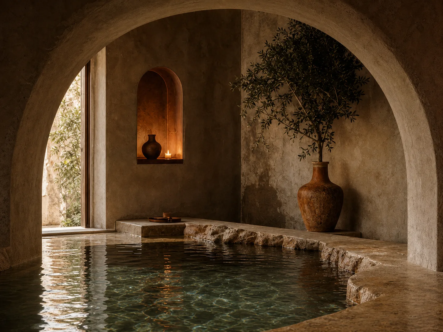 Warm stone bath room at Kindred Bath