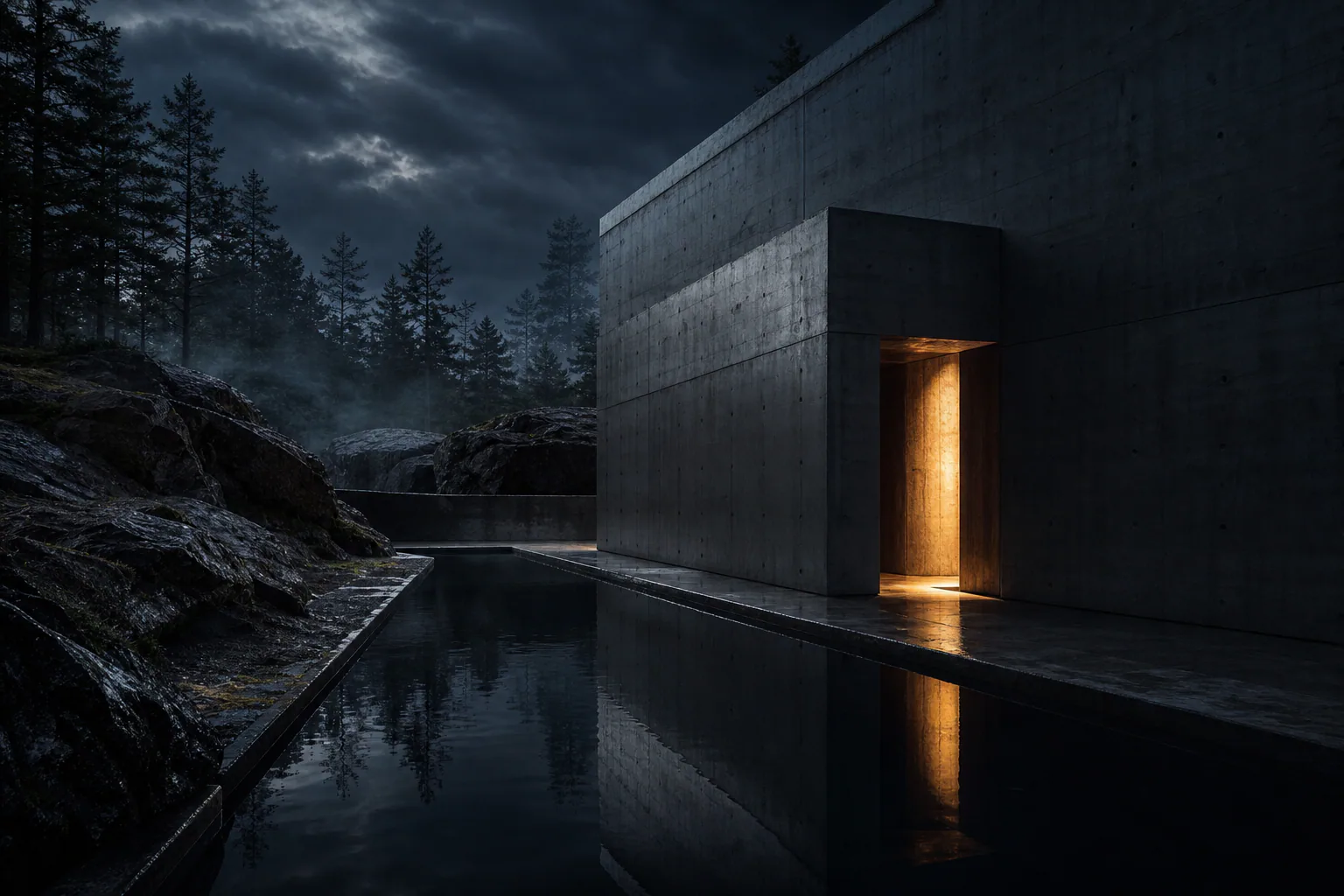 Noxwell House glowing beside a still reflecting pool at night
