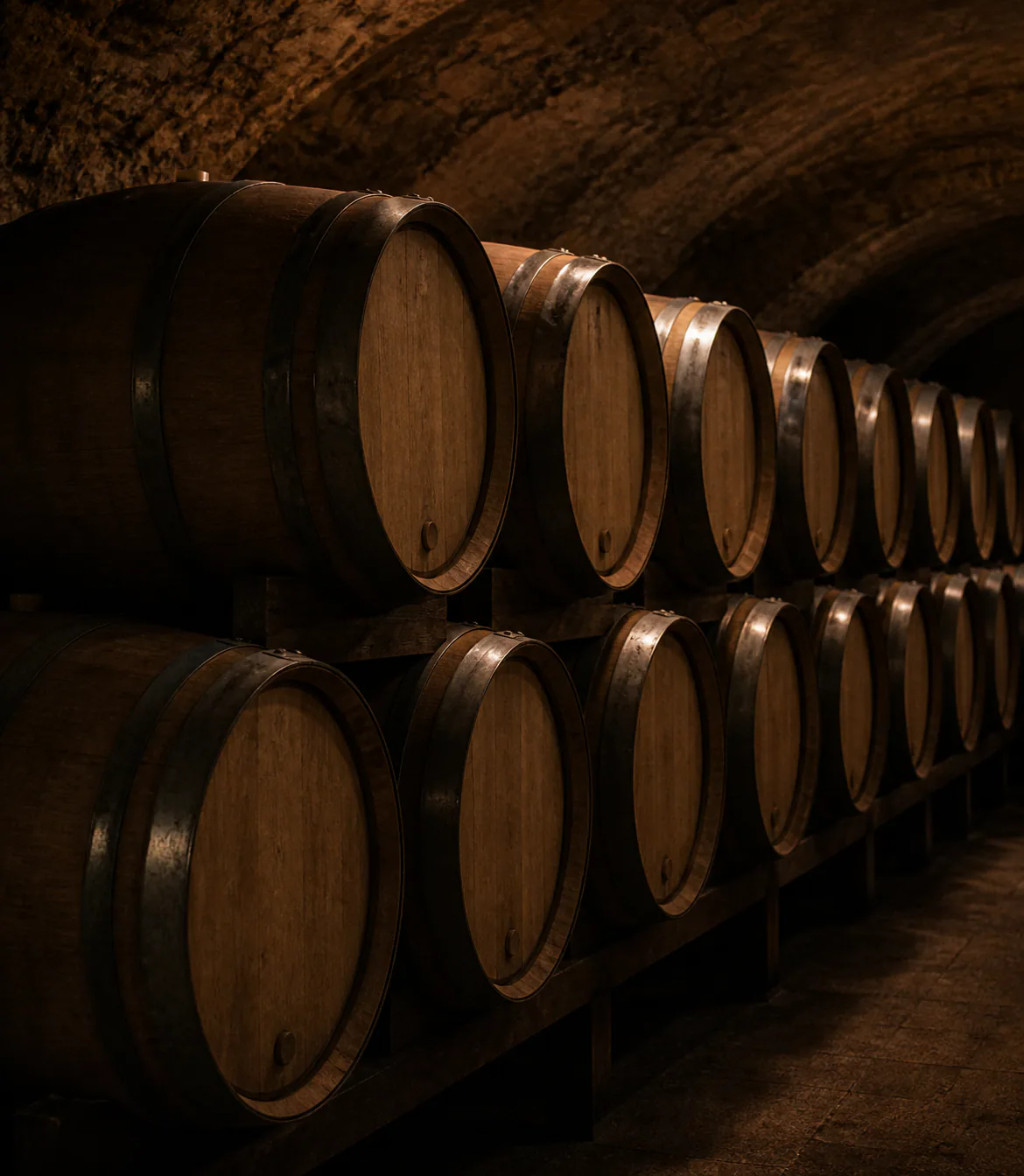 Rows of oak barrels in the Solana Ridge cellar