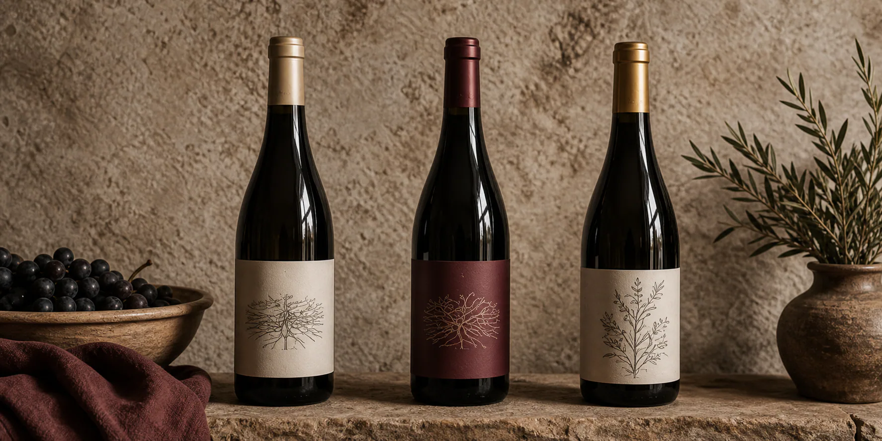 Three Solana Ridge wine bottles on a stone table with a branch of olive