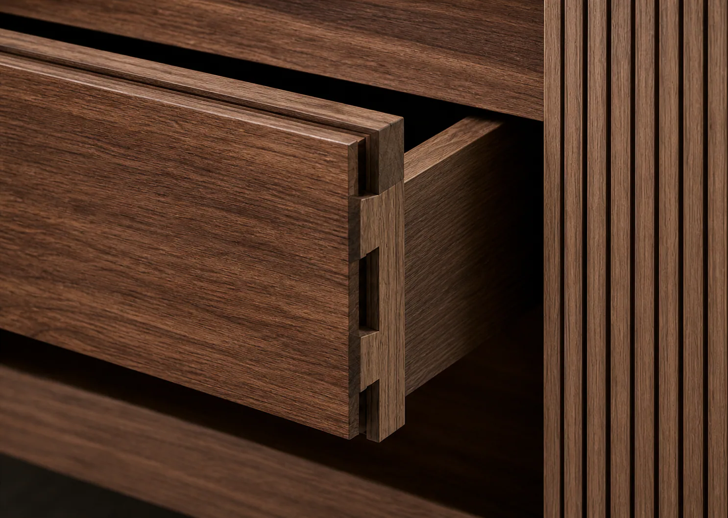 Walnut drawer showing exposed dovetail joinery beside fluted cabinet panels