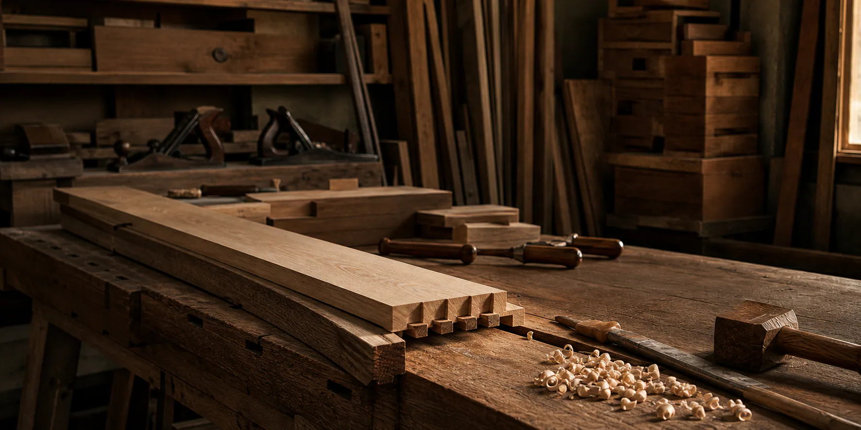 Low-lit furniture maker's workbench with hand tools
