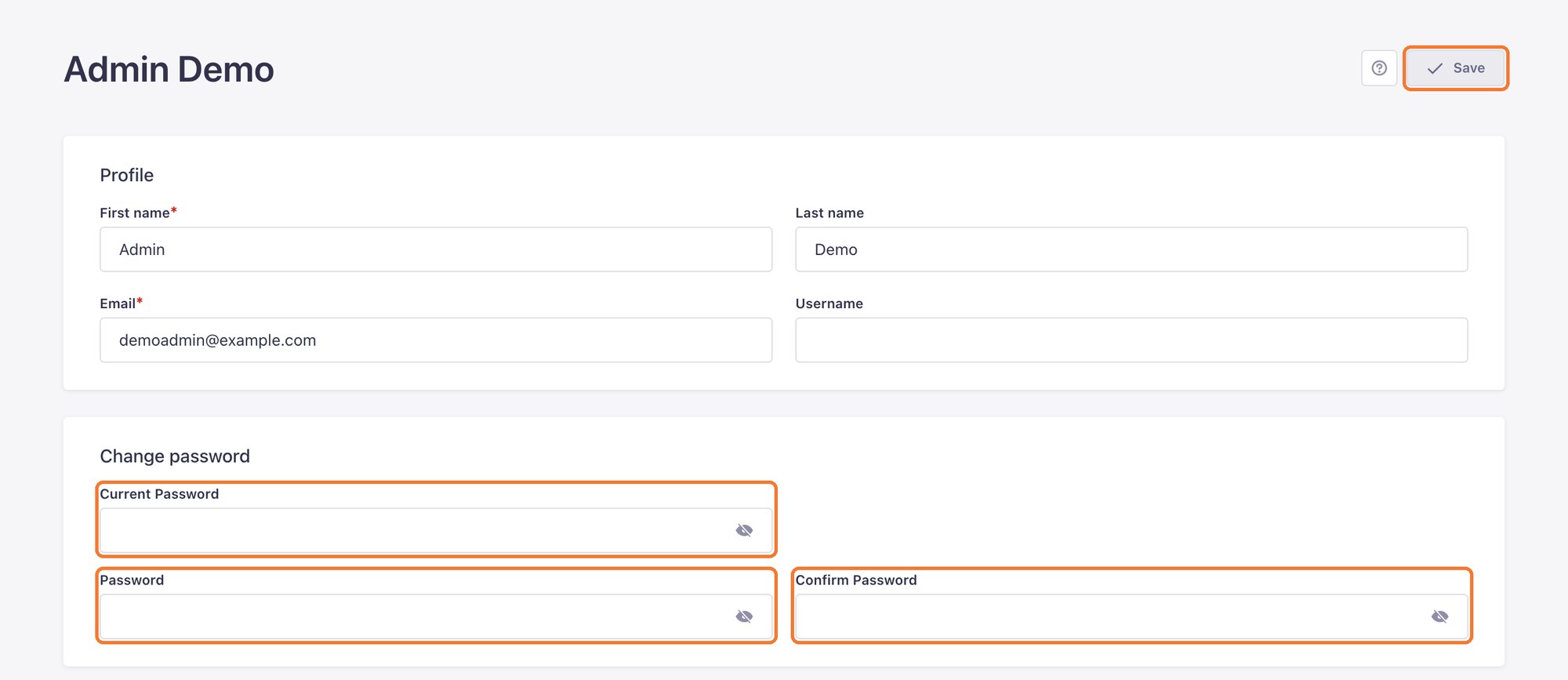 Changing the password on the profile page