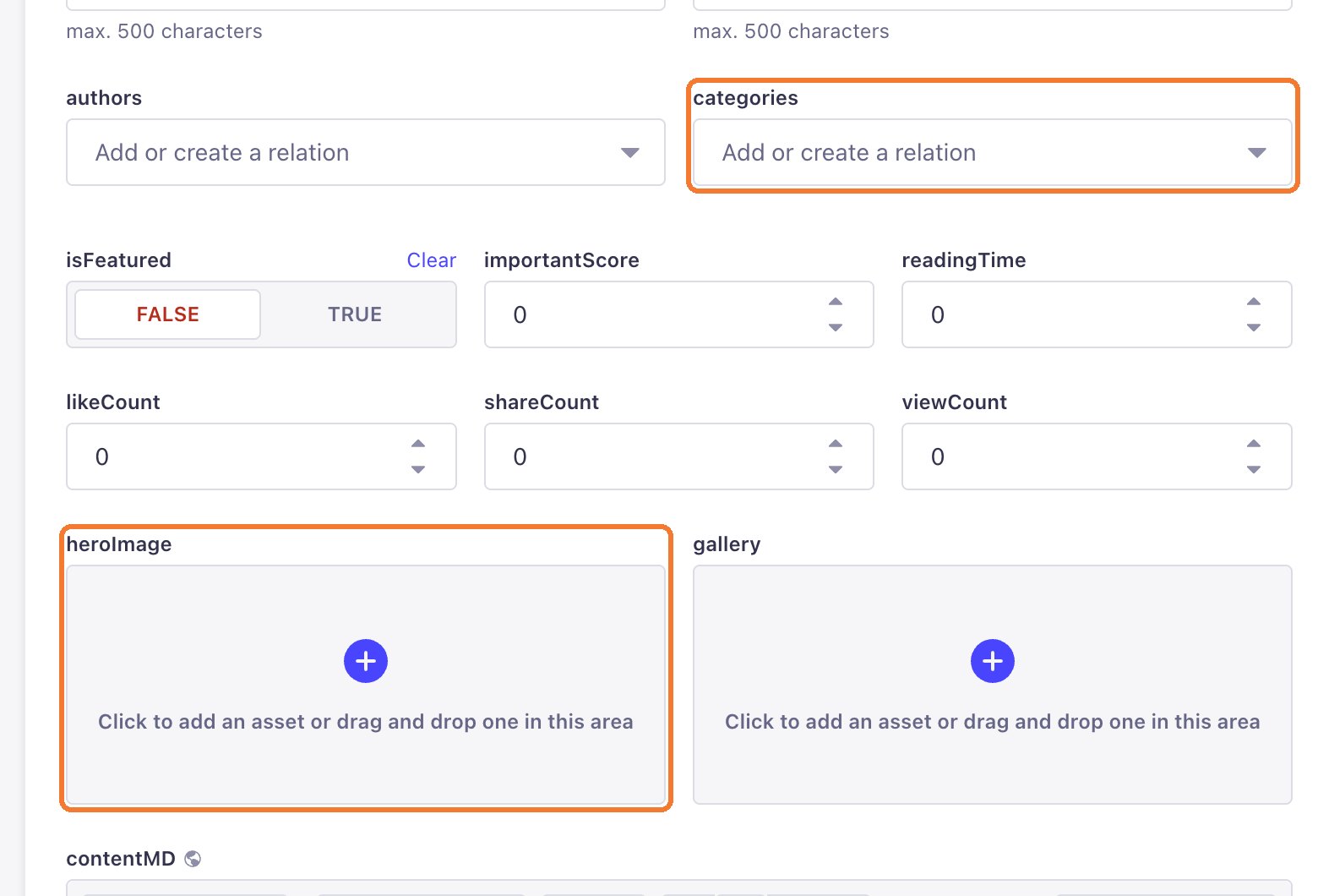 The heroImage and categories fields
