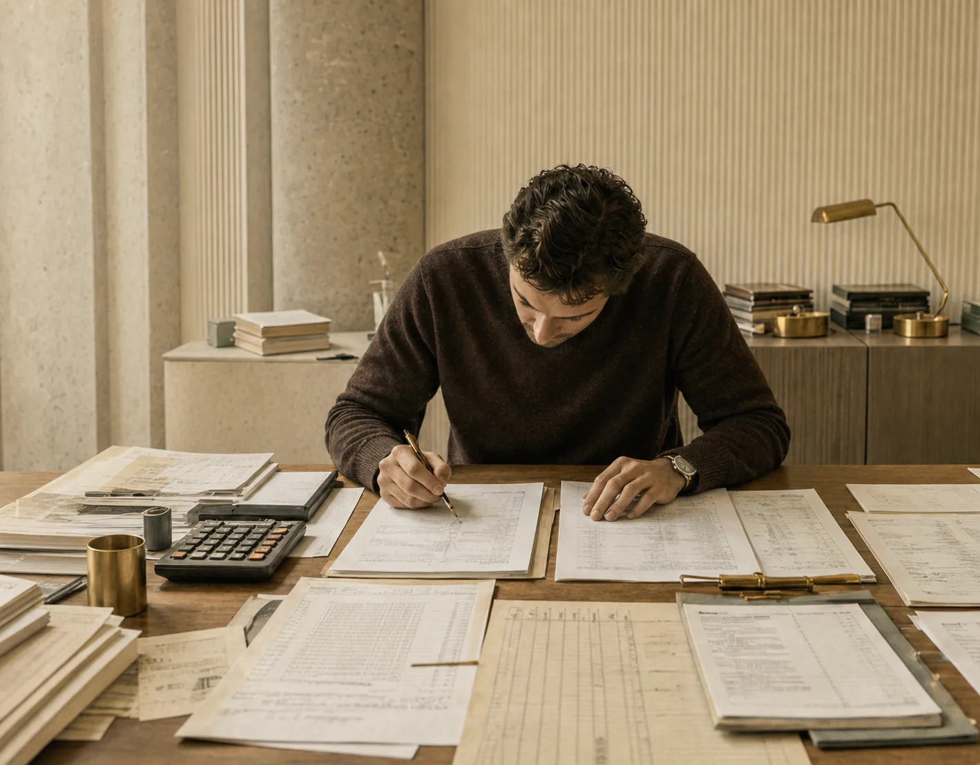 Accountant reviewing ledgers and financial records at a desk