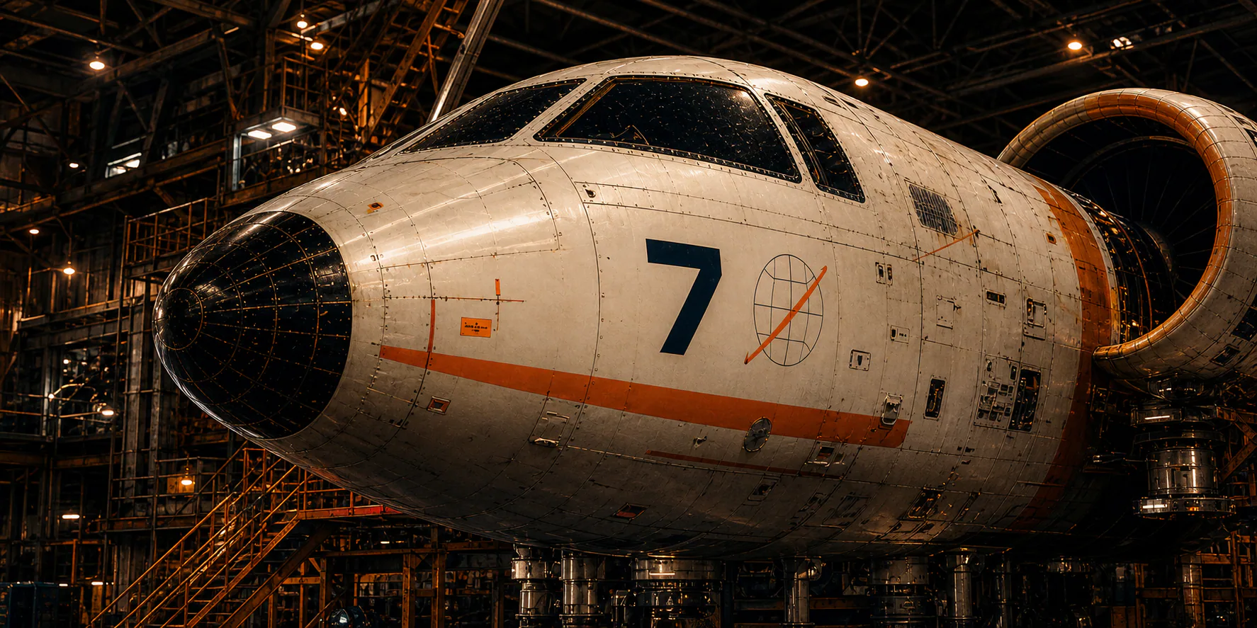 White orbital transport aircraft inside a working aerospace hangar