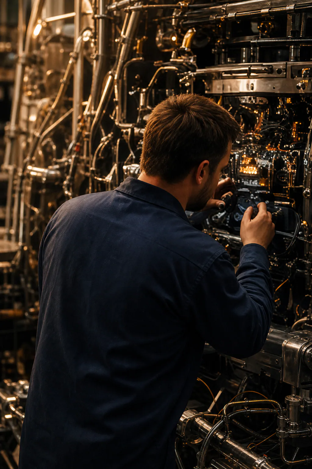 Systems engineer inspecting machinery inside a spacecraft