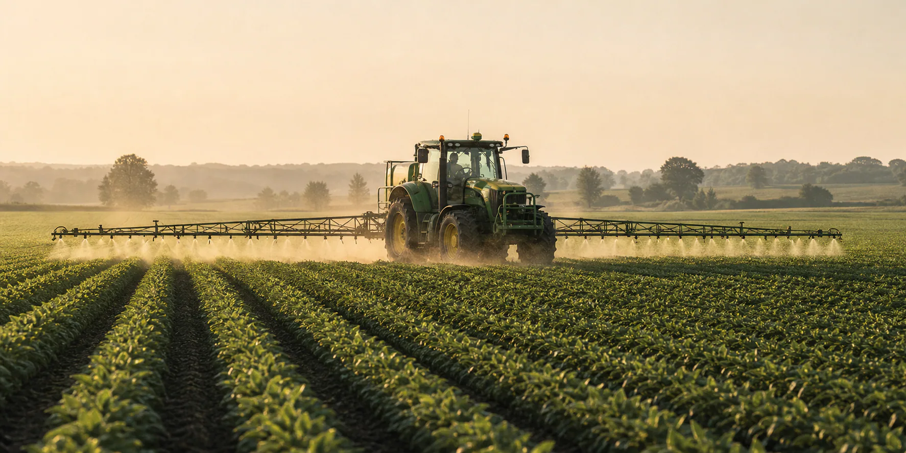 Tractor moving through irrigated crop rows
