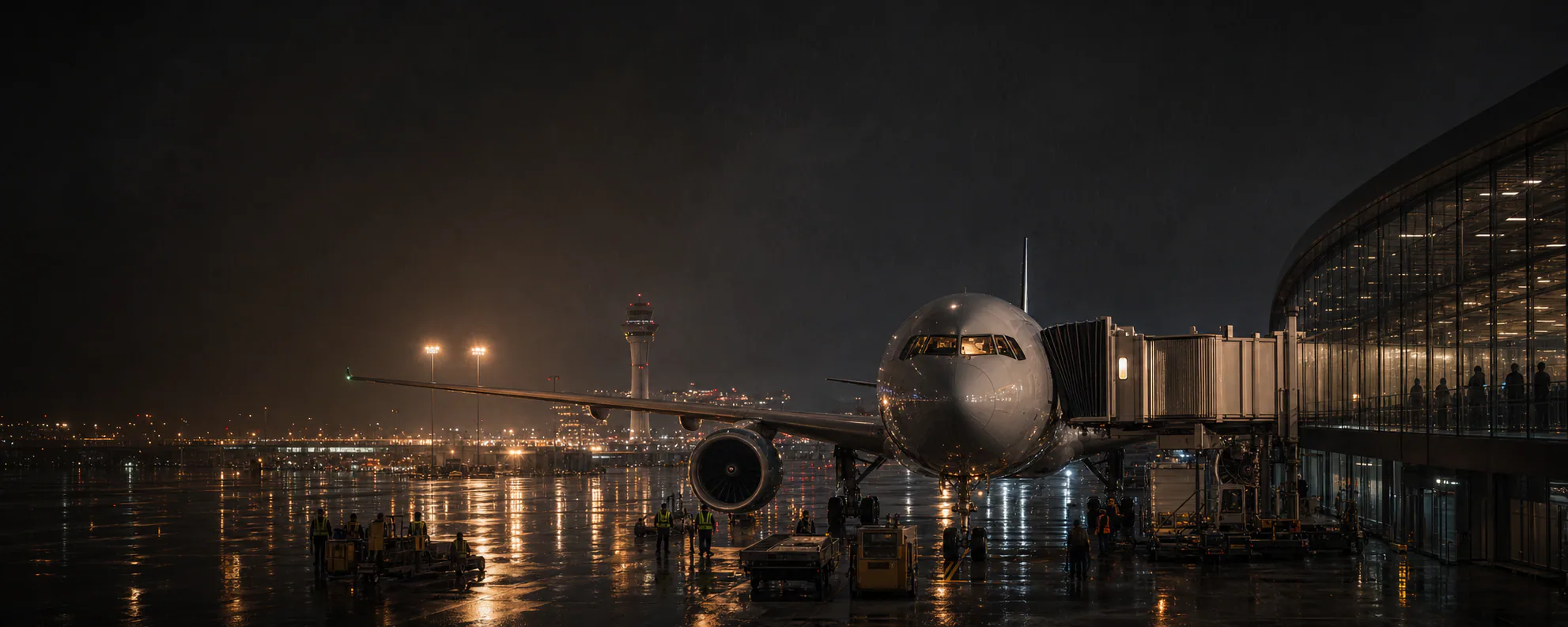Passenger jet at a rain-lit airport terminal after midnight