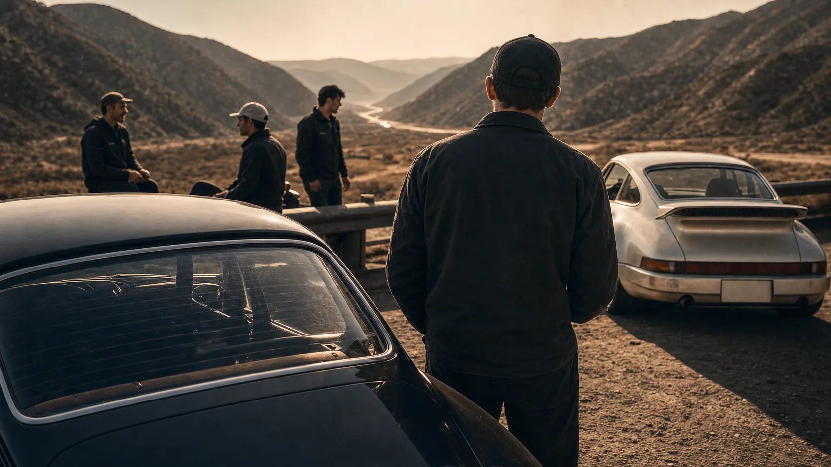 Driver and crew preparing a car for the road