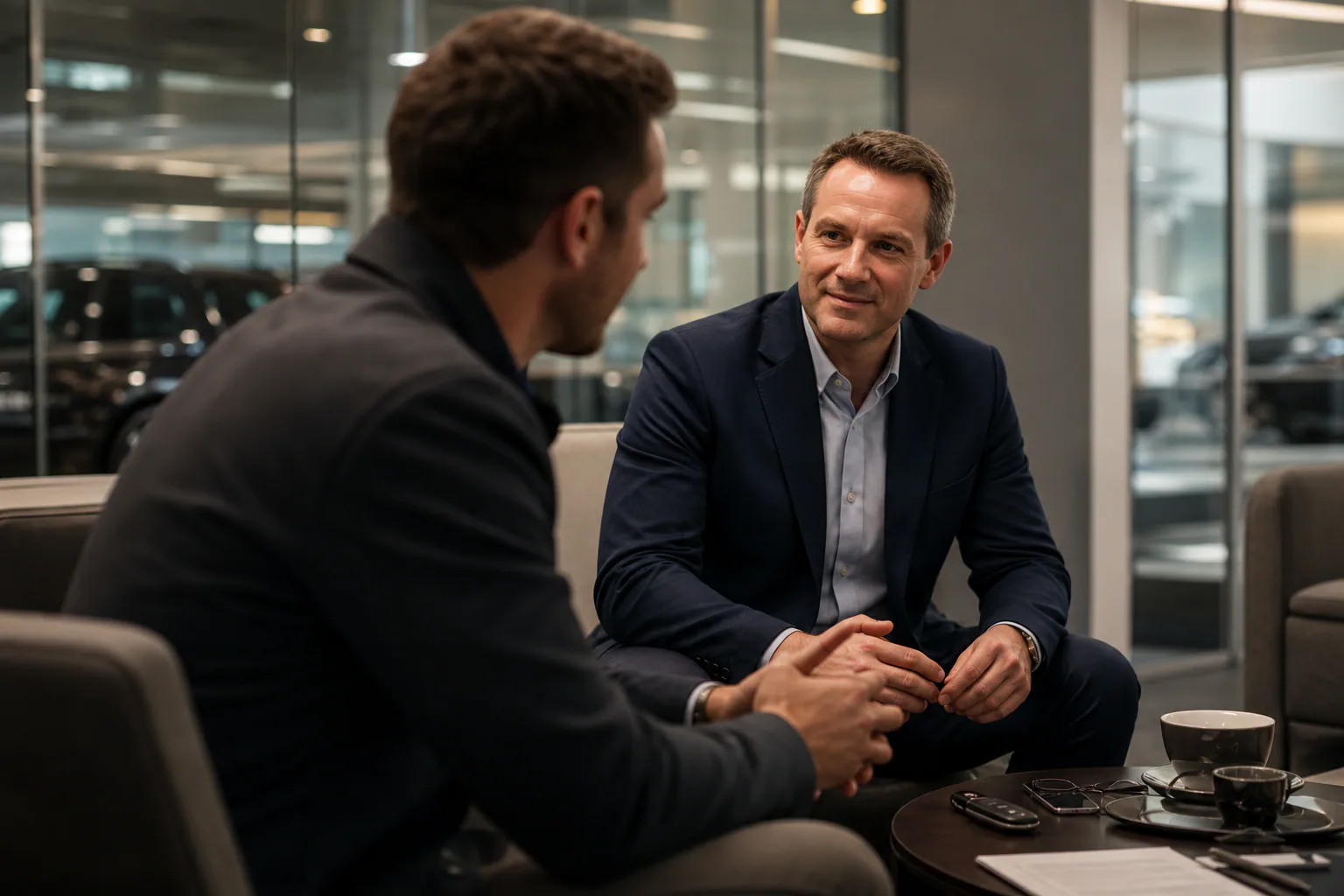 Cobalt Motors advisor speaking with a customer in a quiet lounge