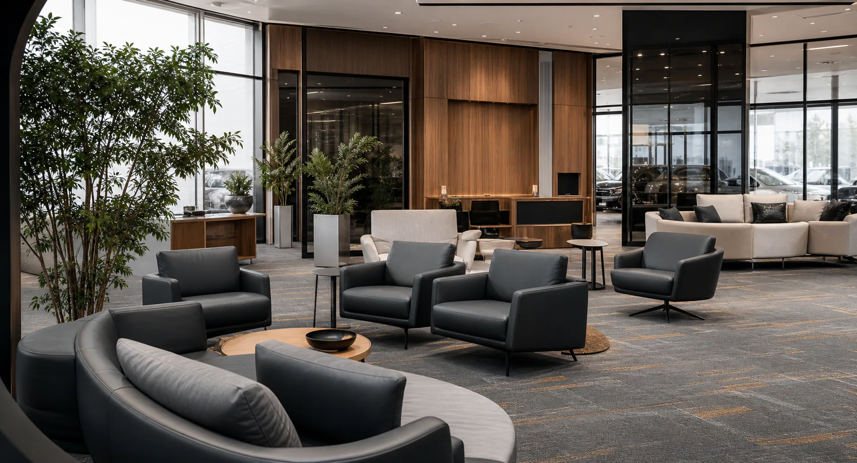 Cobalt Motors lounge with vehicles visible beyond the glass
