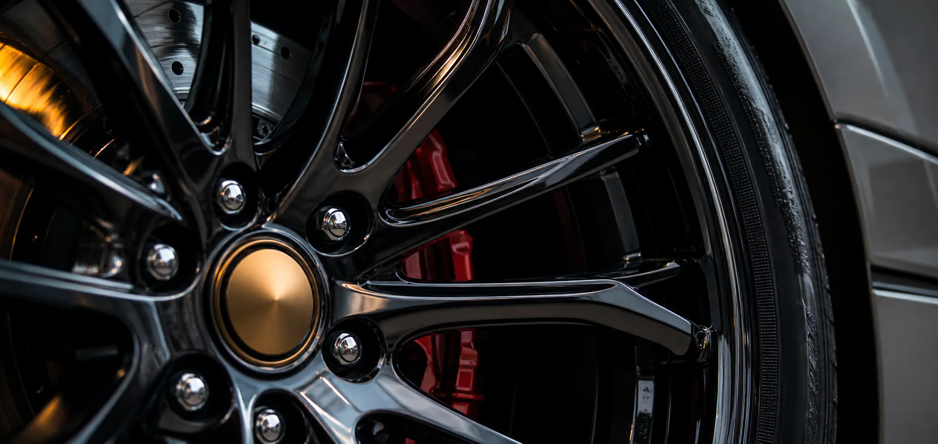 Close detail of a performance wheel and brake caliper