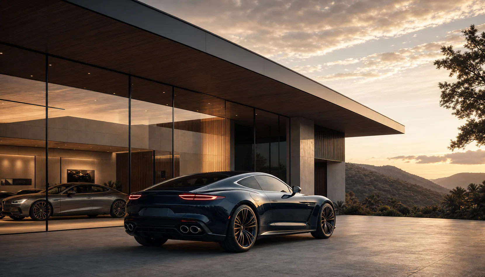 Midnight blue grand tourer outside a glass showroom at sunset