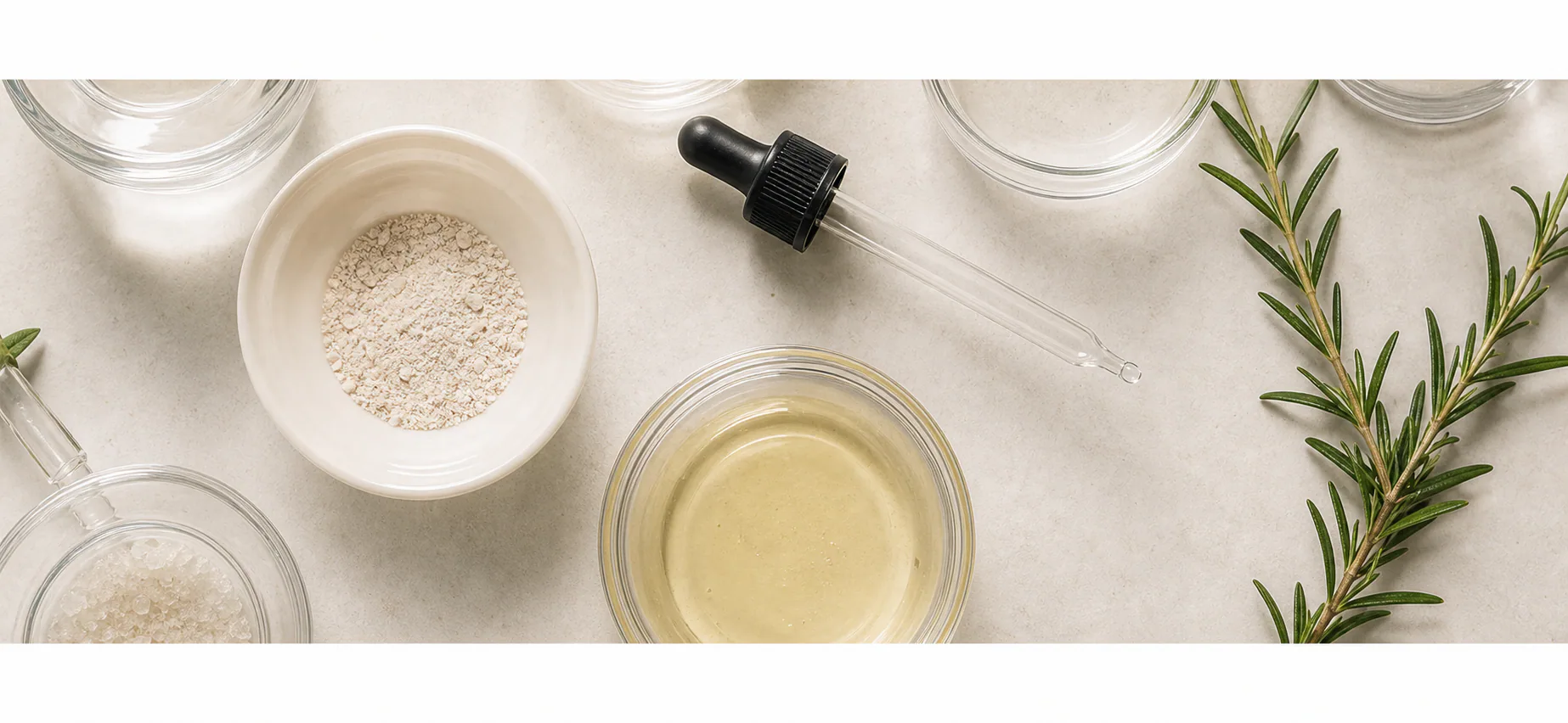 Powders, oils, glassware, and rosemary on a formulation workbench