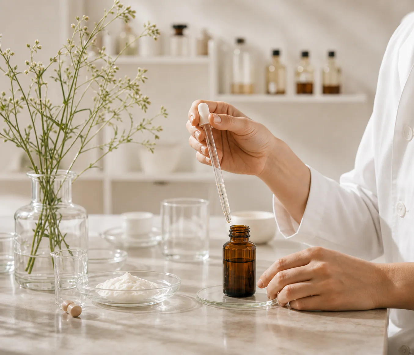 Cosmetic scientist preparing a botanical serum in a bright laboratory