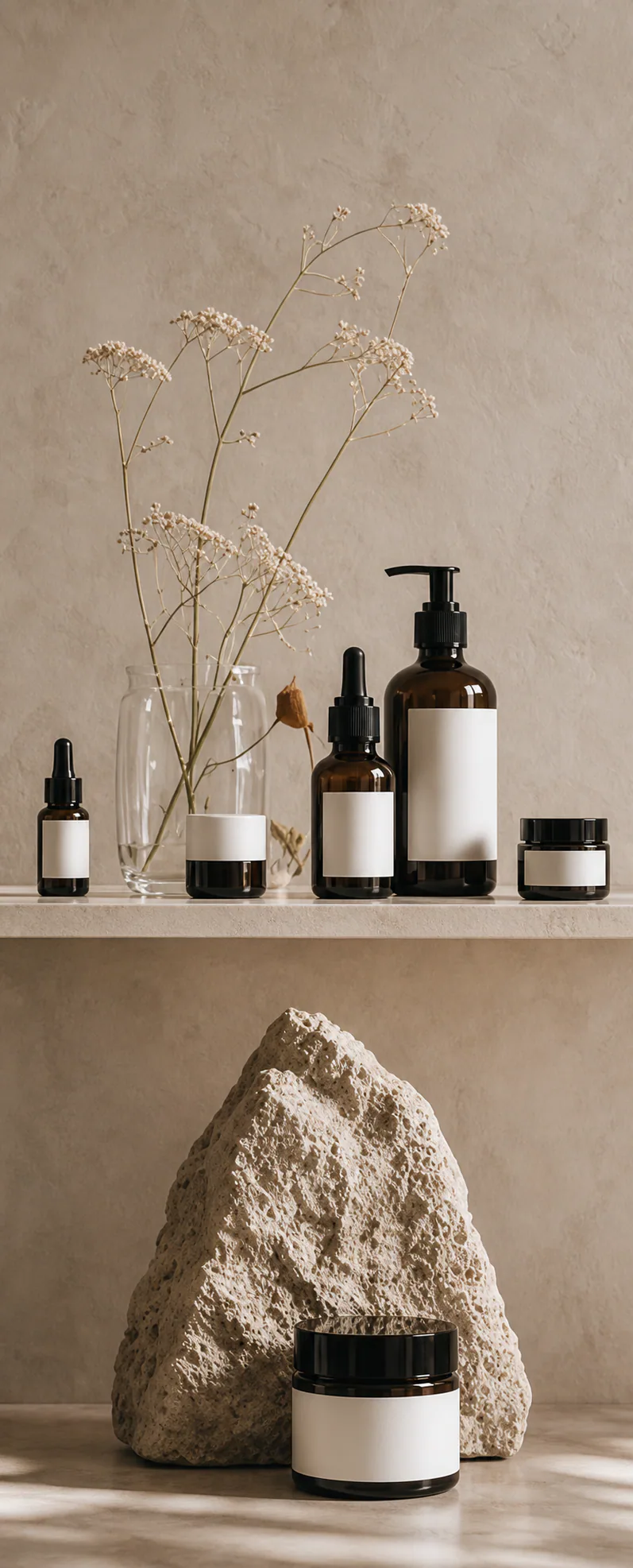 Botanical skincare vessels and mineral ingredients arranged as a product library