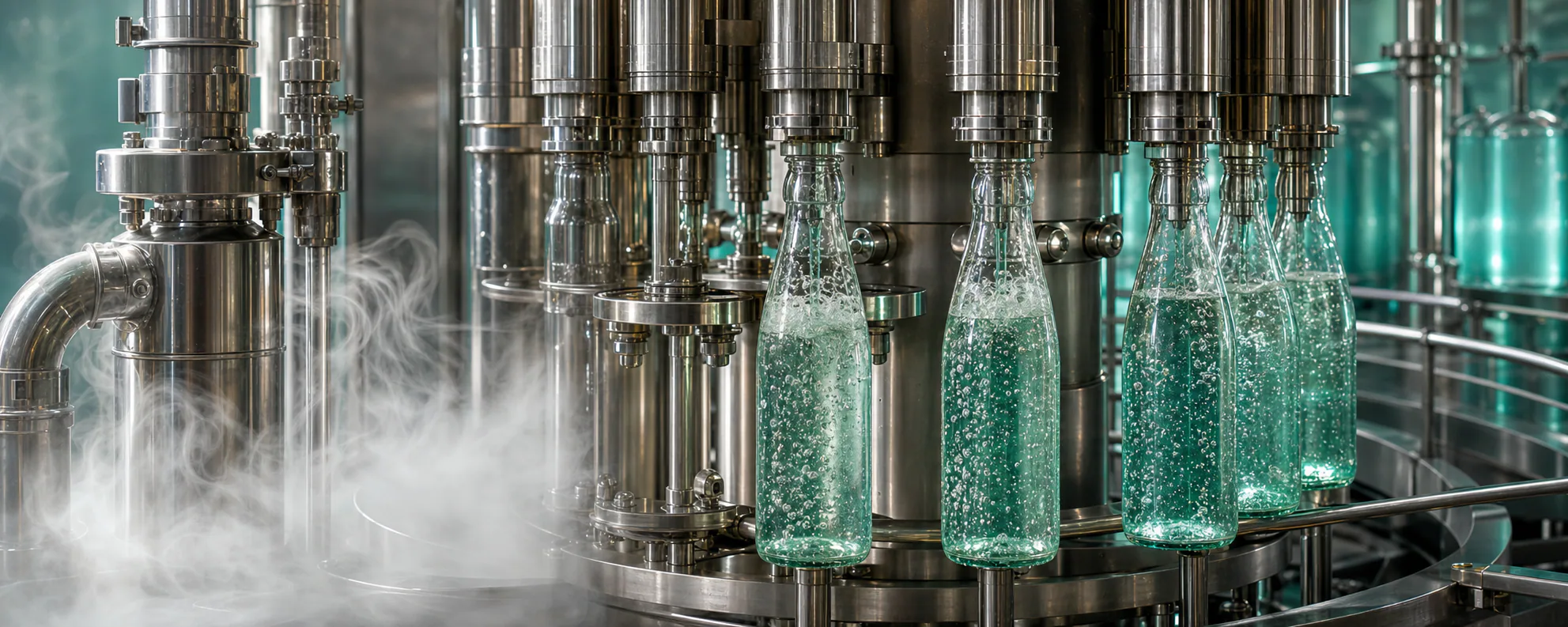 Sparkling beverage bottles moving through a stainless steel filling line