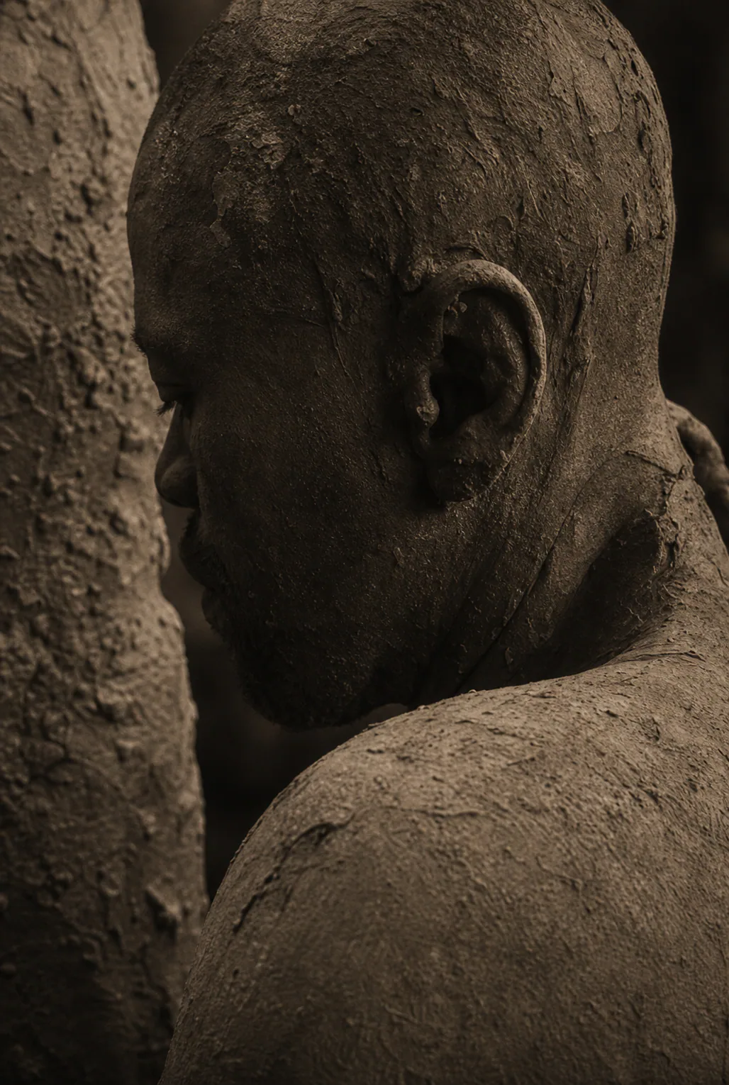 Ceramic artist beside a tall clay form