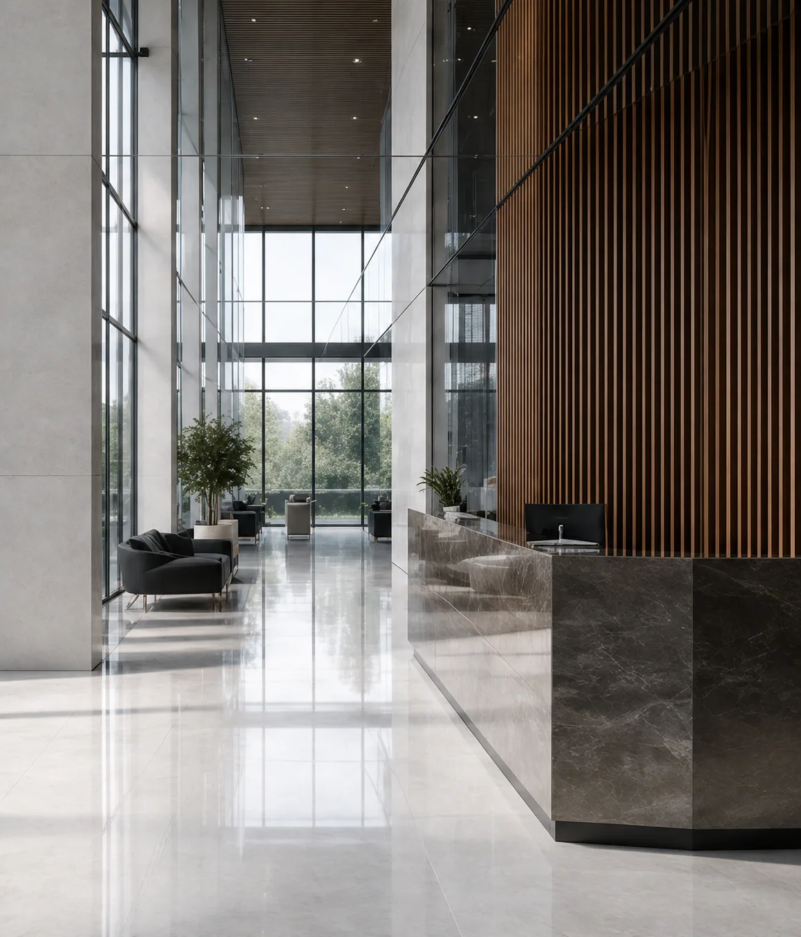 Polished stone and glass lobby ready before guests arrive