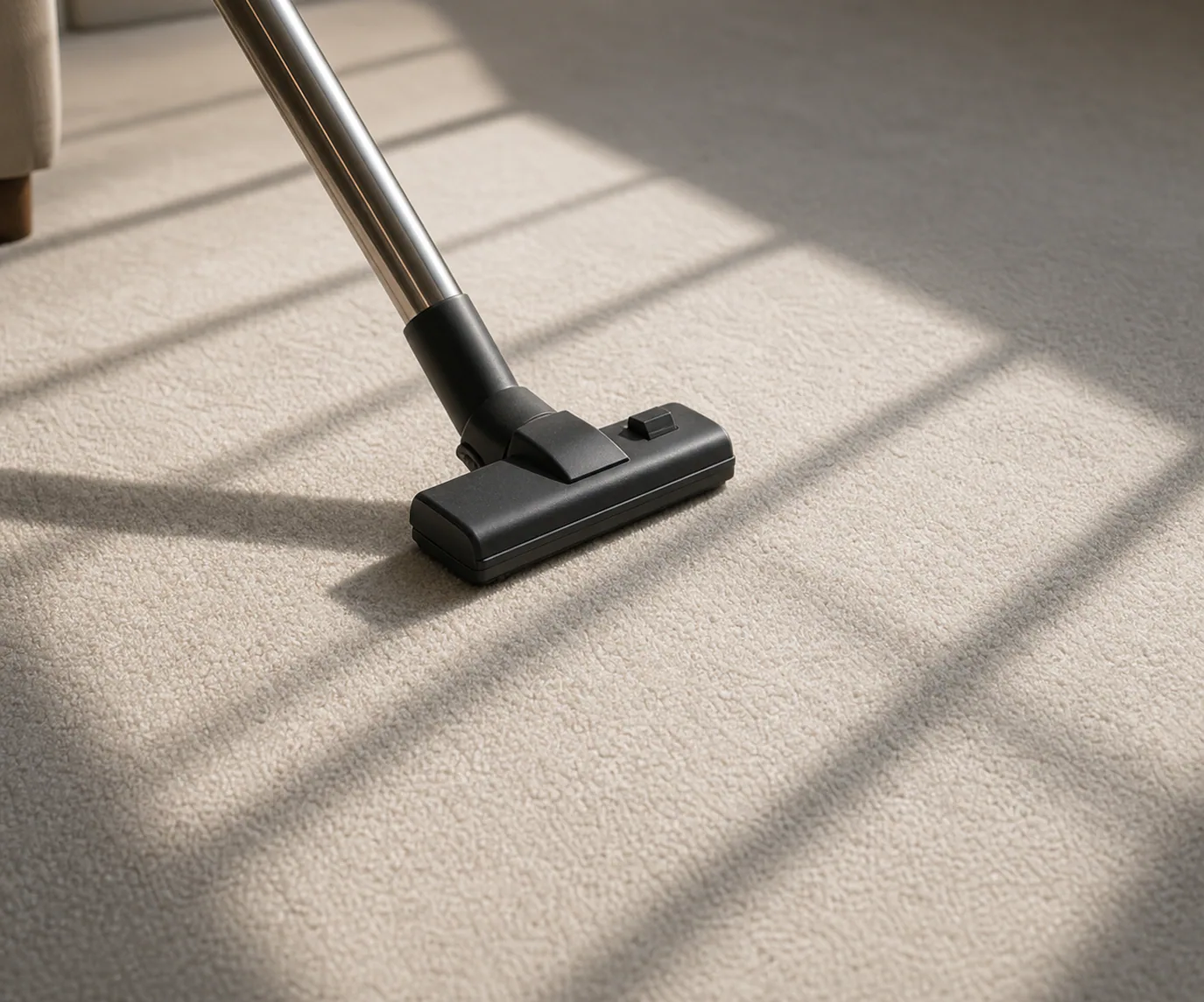 Vacuum head moving across a pale carpet