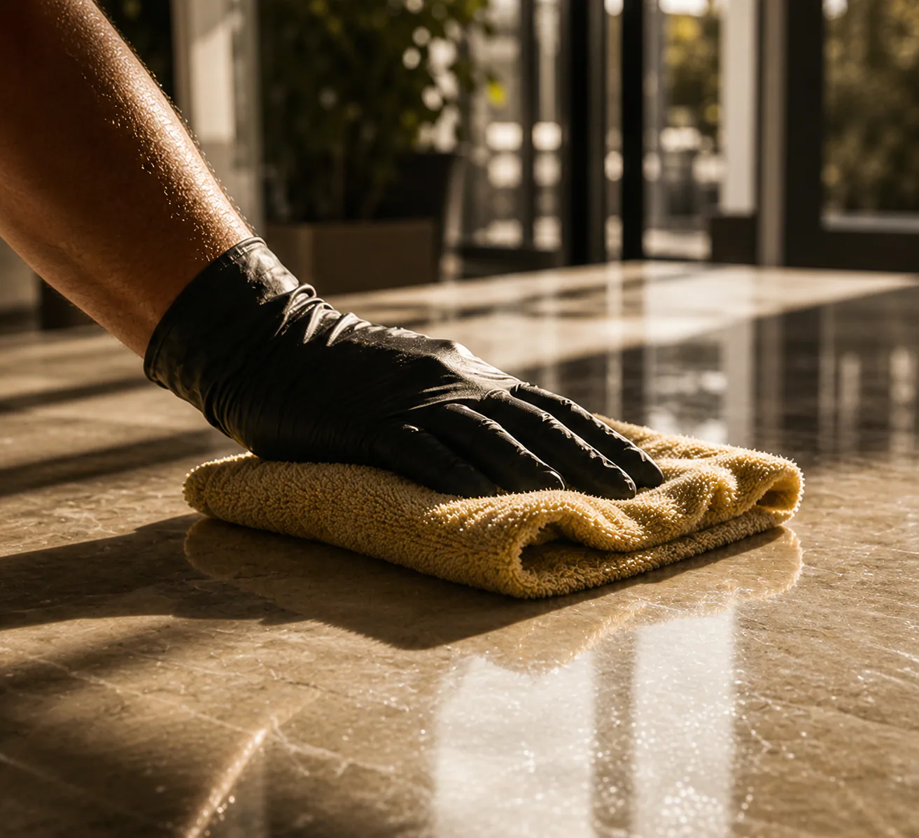 Black-gloved hand wiping a sunlit stone counter