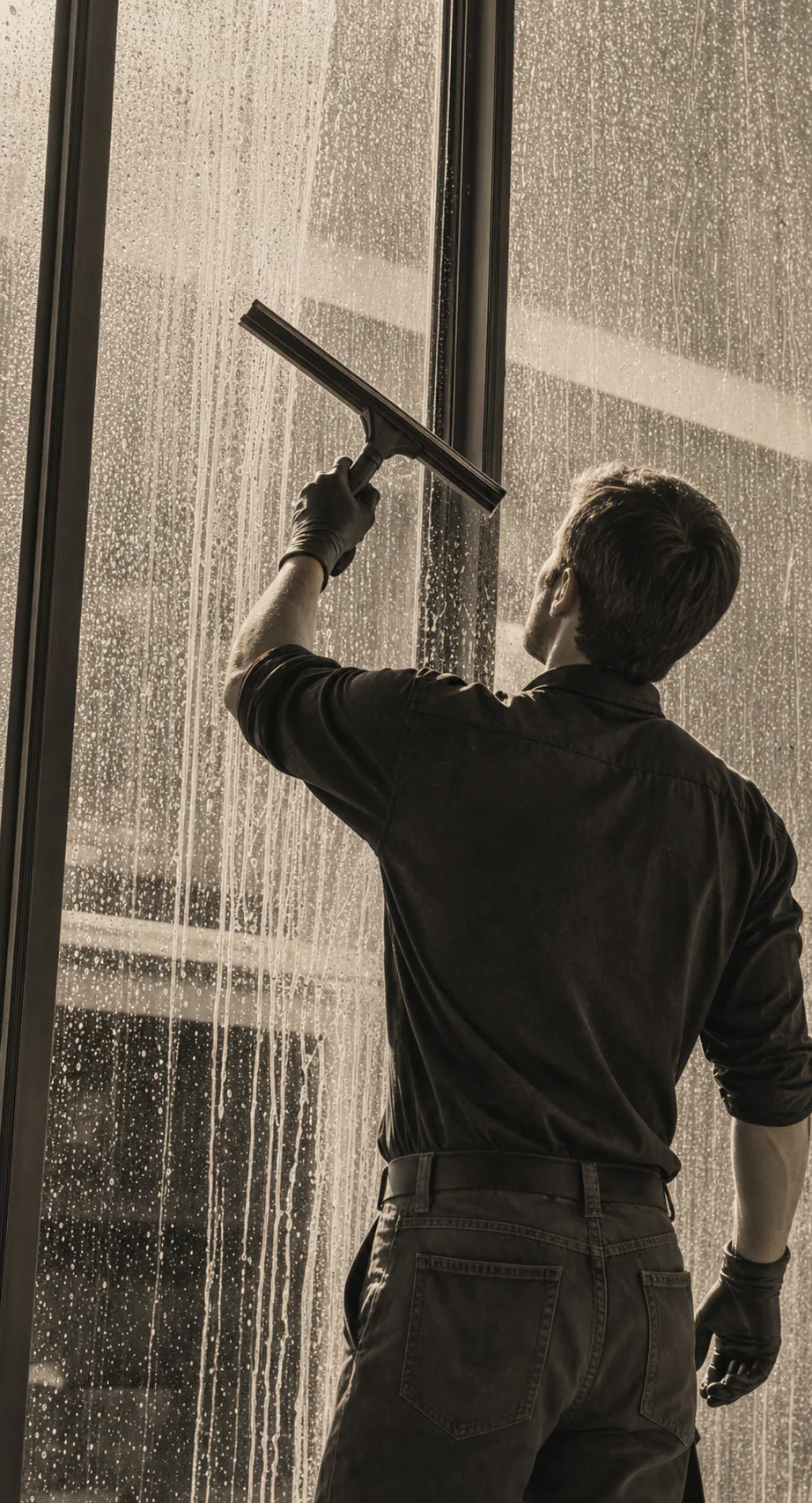 Window cleaner working across a bright glass surface