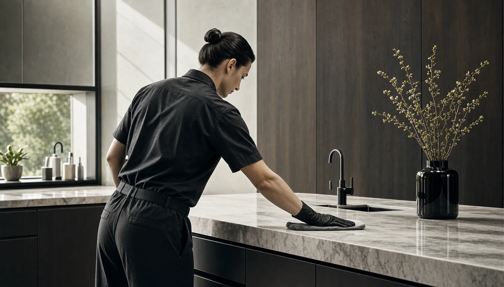 Cleaner finishing a marble kitchen island