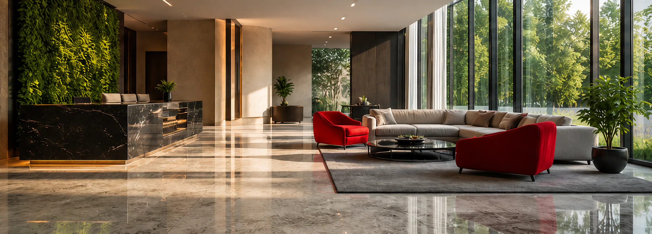 Spotless modern commercial lobby after service