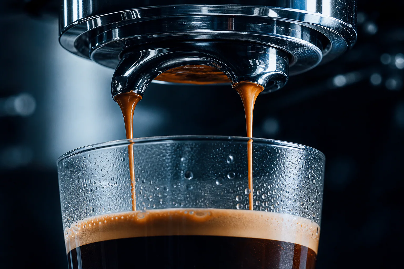 Espresso pouring from a polished group head into a chilled glass
